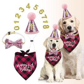Dog Birthday Bandana Set Dog Girl Birthday Hat Happy Birthday with Numbers for Small Medium Dogs Pets, Pink Dog Birthday Decorations with Bow (Pink, M)