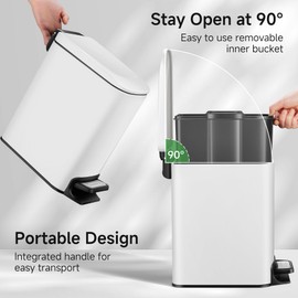 TIPGO Slim Bathroom Trash Can with Lid Soft Close, 6 Liter / 1.6 Gallon Stainless Steel Garbage Can with Removable Inner Bucket, Step Pedal, Small Trash Cans for Bedroom, Office, Kitchen (White)