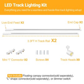 VANoopee with 10FT Plug Cord - 8-Light LED Track Lighting Kit with 6.6FT H Type Track Rails, Dimmable Track Light Heads, White
