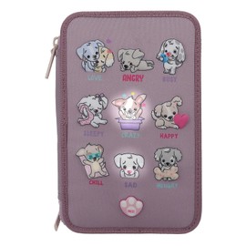 Depesche 12843 TOPModel - Filled 3-Compartment Pencil Case in Purple, with LED and Dog Motifs, Pencil Case with Colouring Pencils, Ruler, Scissors and Much More