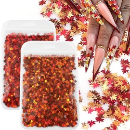 Maple Leaf Shape Glitter Fall Nail Art Sequins ,3D Metallic Red God Orange Yellow Mixed Design Confetti Maple Spangles for Women DIY Manicure Kit Decorations Salon Accessories 2 Bags