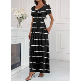 HAOMEILI Women's Short Sleeve Loose Maxi Dresses Casual Long Dresses with Pockets S-Striped Black