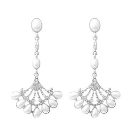 Rosemarie & Jubalee Women's Stunning Vintage Vibes Simulated Pearl And Pave Crystal Statement Silver Tone Chandelier Fan Hypoallergenic Post Back Bridal Earrings, 2.25"