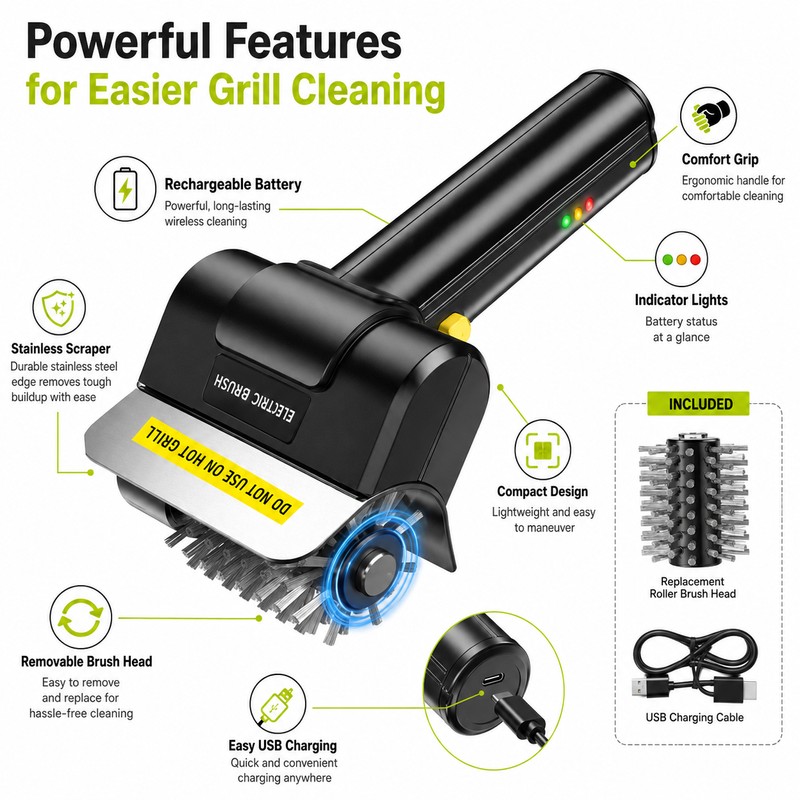 Electric Stainless Steel BBQ Brush for Grill Cleaning – Rechargeable
