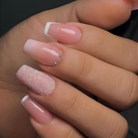 French Tip Press on Nails Medium Square Fake Nails Glitter Pink Gradient False Nails with Rhinestones Design Reusable Glue on Nails Full Cover Stick on Nails for Women and Girls 24Pcs