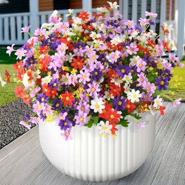 INQCMY Artificial Fake Plants Flowers for Outdoor Outside Spring Decoration,12 Bundles Fake Silk Colorful Daisy Eucalyptus in Planter,UV Resistant Look Real for Home Patio Porch Yard Window Decor