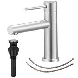 BWE Brushed Nickel Bathroom Sink Faucet Single Hole Single Handle Modern Stainless Steel Lavatory Vanity Bathroom Faucets Water Saving Mixer Tap with Pop UP Drain and Supply Line