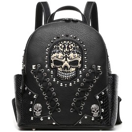 Sugar Skull Punk Art Rivet Studded Biker Purse Women Fashion Backpack Bookbag Python Daypack Shoulder Bag (Black)