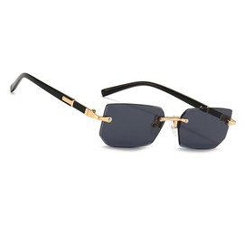 MEGAVOW Frameless Rectangle Sunglasses, Glasses Strap, Vintage Retro Glasses for Men and Women, Diamond Cut Lenses, Gafas de Sol with Tinted, Classic, Square, black