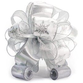 CT CRAFT LLC Sliver Snowflake Less Glitter Christmas Tree Topper Bow 11" with 4 Ribbon Streamers x 3 Yards Long Each for Holidy Elegant Fancy Home Décor Indoor