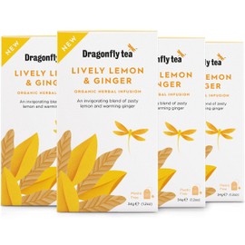 Dragonfly Lively Lemon and Ginger Tea, 4 x 20 Organic Tea Bags (80 Teabags), Warming & Zesty Lemon & Ginger Tea Bags, Invigorating Herbal Tea, Refreshing & Fiery, Plastic Free Tea Bags