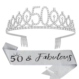 KIUEZIR Silver Birthday Tiara & Sash Set for Women - 50th Birthday Decoration - Rhinestone Headband with Comb & '50 & Fabulous' Sash