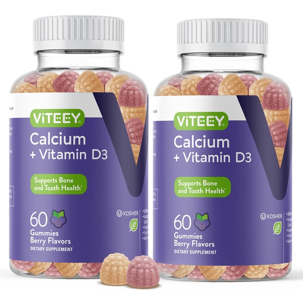 Calcium Gummies with Vitamin D3 - Supports Bone Health & Tooth Health [Calcium 500mg] Plus [Vitamin D3 25mcg 1000IU] for Adults & Teens GMO Free Chewable Gummy Fruit Flavor Chews 60 Per Bottle 2 Pack