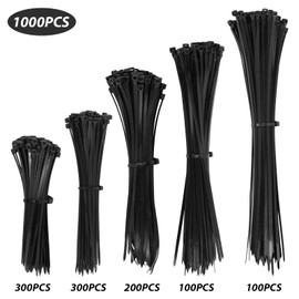1000 Pieces Black Nylon Cable Ties Mixed Pack Heavy Duty Strong Self Locking Long Plastic Zip Tie Wraps Assorted Sizes 100/150/200/250/300mm Length 4/6/8/10/12 Inch, 2.5/3.6mm Width