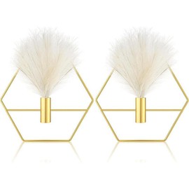 2 Pcs Boho Wall Decor Gold Wall Art Hanging Planters with Artificial Pampas Wall Mounted Metal Wall Decor Modern Home Decor Display Wall Art Bedroom Bathroom Living Room(Rhombus) - Style: Hexagon