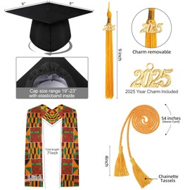 Syhood 7 Pcs 2025 Unisex Black Graduation Matte Gown Cap Tassel African Kente Mexican Stole Set Honor Cord for Black Girl Boy(Size 45,African Kente)