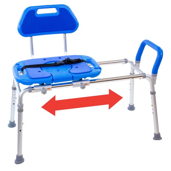 HydroGlyde Premium Heavy Duty, Padded Sliding Bathtub Transfer Bench and Shower Chair with Cut-Out SEAT. Adjustable Legs and Safety Belt. Quick Tool-Less Assembly (Blue)