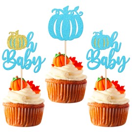 24 piezas de decoración de calabaza, oh para bebé, decoración de magdalenas, decoración de calabaza, decoración de cupcakes, para revelar el género para niños, fiesta de cumpleaños, decoración de pasteles, suministros de decoración de pasteles, color azu