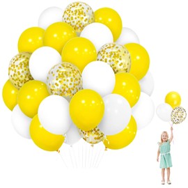 Yayafunfun 60pcs 12Inch Thick Latex Matte Balloons Set - Yellow 20, White 30, Sequin Gold 10 - Party Balloons for Baby Shower, Anniversary, Birthday, Wedding & More