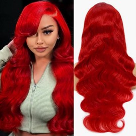 Dorashion 36 Inch Red Lace Front Wigs Human Hair 13x4 HD Transparent Body Wave Human Hair Lace Front Wig Pre Plucked Red Colored Glueless Human Hair Lace Frontal Wigs for Women