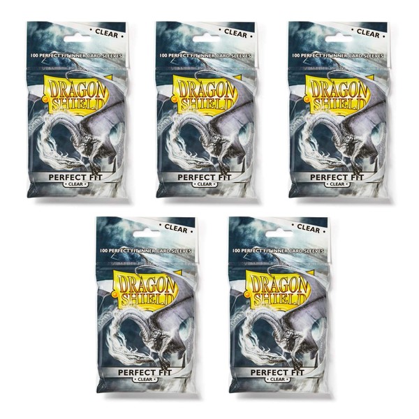 Dragon Shield Bundle: 5 Packs of Clear Perfect Fit Standard Size Sleeves - 500 Sleeves Total