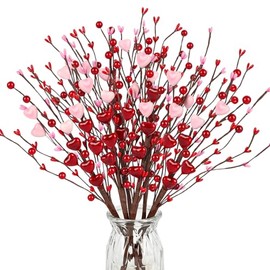 N&T NIETING - Regalos para el día de San Valentín, 6 piezas de tallos de flores de bayas artificiales en forma de corazón rojo para el día de San Valentín, boda y decoración del hogar (rojo y rosa)