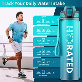 QLUR Water Bottle with Straw, 32oz Motivational Water Bottles with Time Marker to Drink, Tritan BPA Free, 1L Sports Water Bottle with Carry Strap LeakProof for Women Gym Fitness Outdoor (1 Pack)