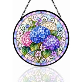 Hydrangea Suncatcher Stained Glass Window Hanging Hydrangea Gifts for Women Christmas Purple Hydrangea Flower Decor Sun Catcher Garden Home 6.3 in