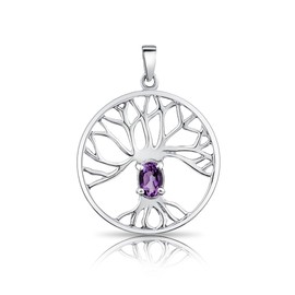 DTPsilver® 925 Sterling Silver Pendant - Celtic Tree of Life Pendant with Natural Gemstones - Without Curb Chain - Amethyst
