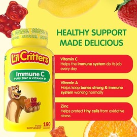 Lil Critters L'il Critters Kids Immune C Gummy Supplement with Vitamin C, Zinc and Vitamin D3 for Immune Support, 190 ct (95-190 day supply), 4 delici