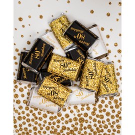 80th Birthday Miniatures Candy Bar Wrapper, (Set of 60) Mini Candy Bar Stickers; 3 Designs: 24 Gold, 24 Black, 12 White, Candy Not Included