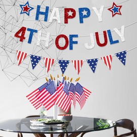 FHGG 4th of July Banner Decorations Red White Blue Glitter Pennant Happy America Independence Day Memorial Day Patriotic Party Decorations for Home Office Party
