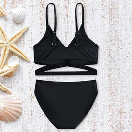 karrack Teen Girls Swimsuits Two-Piece V-Neck Bikini Adjustable Shoulder Straps Swimsuit Kids Bikini with Chest Pad Blackr Cute Swimsuit (Size10-12Years)