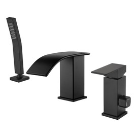 Waterfall Roman Tub Faucet with Hand Shower Bathtub Faucets Set Deck Mount Bathtub Faucet with Hand Shower Widespread Bathtub Shower Faucet Set Single Handle 3 Hole Tub Filler with Sprayer Matte Black