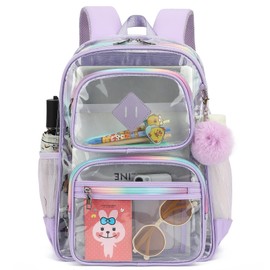 Lroiutian Heavy Duty Clear Backpack for Girls Women Transparent School Bookbag Kids Durable PVC See Through Backpack-Light Purple