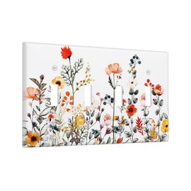 Vintage Rustic Colorful Watercolor Spring Border Flower Wildflower Floral Quad Toggle Light Switch Cover 4-Gang Electrical Decorator Wall Plate Quadruple Switch Four Device Receptacle Outlet Cover