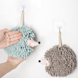 Dormercy Fuzzy Ball Towels, Hedgehog Decorative Hanging Chenille Hand Towels, with 4 Hooks, 2 Pack, Green and Gray