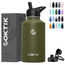 COKTIK 64 oz/Half Gallon Vacuum Insulated Jug, Double Walled Stainless Steel Sports Water Bottle with Reusable 2 Lids for Camping, Gym, Fitness or Office(Army Green)
