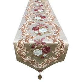 MAGILONA Home Tablecover Decorative Luxurious Cotton Linen Embroidered 3D Floral Pattern Table Runner with Tassel Dining Party 13x83 In (Coffee)