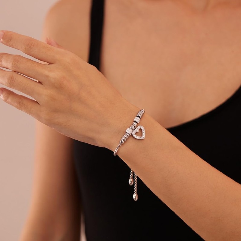 Harlorki Shiny Stainless Steel Adjustable Chain Rhinestone Love Heart Pendant