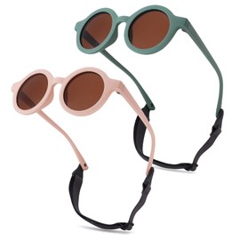 Hycredi Bendable Round Baby Polarized Sunglasses Flexible with Strap for Newborn Infant Toddlers Age 0-24 Months- Pink + Green