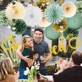 Engagement Wedding Decorations Gold Engaged Banner Olive Sage Green and Gold Paper Pom Poms Lanterns Hanging Paper Fans for Engagement Party Wedding Bridal Shower Just Engaged Decorations