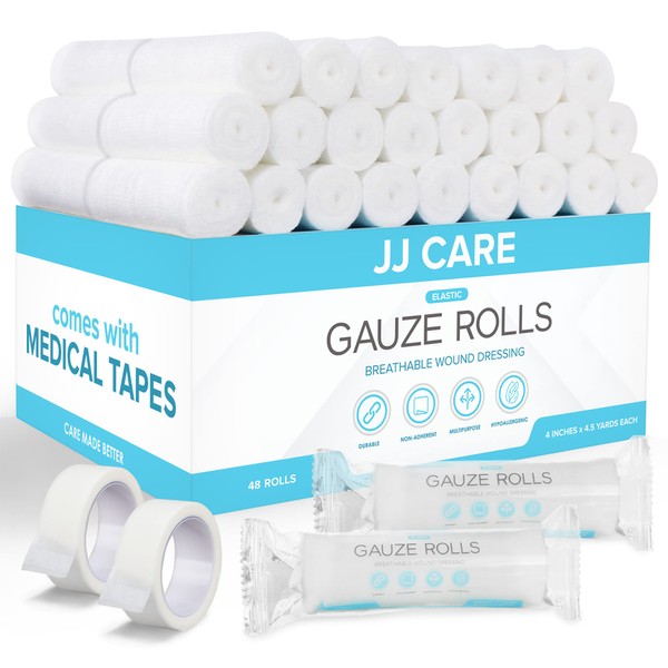 JJ CARE Gauze Rolls Pack of 48, Individually Wrapped Gauze Bandage Roll, with Medical Tape, 4 inches x 4.1 Yards Rolled Gauze, Latex Free & Stretchable Gauze Rolls