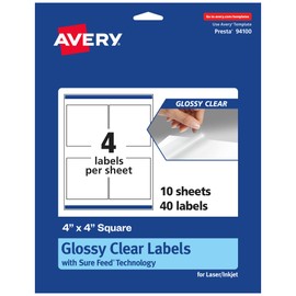 Avery Glossy Clear Square Labels with Sure Feed, 4" x 4", 40 Glossy Clear Labels, Laser/Inkjet Printable Labels