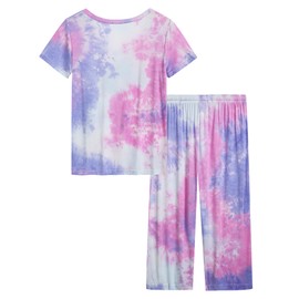Amorbella Capri Pyjamas Bamboo Sets Ladies Thin Breathable Cool Nightwear for Hot Flashes (Tie Dye Purplepink, Small)