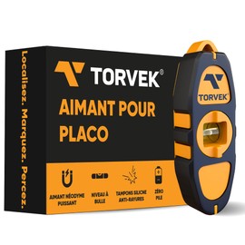 Torvek® ✮ French Brand ✮ Strong Neodymium Placo Magnet – Metal Post and Rail Detector – Single/Double Drywall – Built-in Level – Plaster Tool, Pro