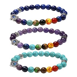 Manfnee 3PCS 7 Chakra Evil Eye Bracelet Reiki Healing Balancing Beaded Bracelet for Men Women