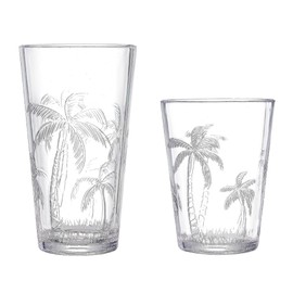 KLIFA- PALM- 16.2 & 19.8 oz, Set of 8, Plastic Palm Tree Drinking Glasses, Arylic Shatter-proof Tumbler & Highball Set, BPA-Free, Stackable Acrylic Drinkware, Dishwasher Safe Cups, Clear
