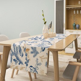 Chinoiserie Flowers Table Runner, Seasonal Spring Fall Plants Blue Florals Birds Dinner Runner for Home Kitchen Dining Table Party Holiday Decoration 13"x70"