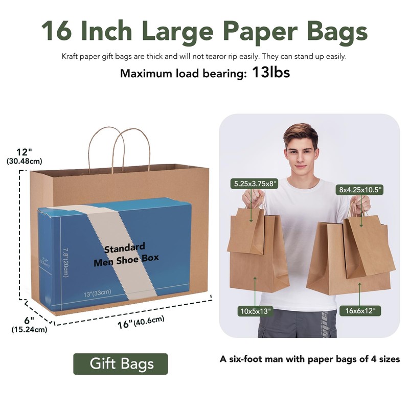 GSSUSA 16x6x12 Large Paper Bags with Handles 100Pcs, Gift Bags,